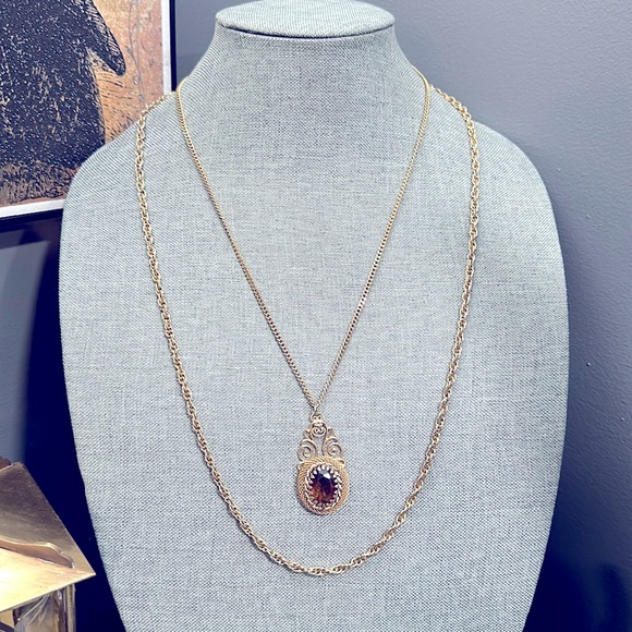 Vintage Jewelry - Vintage Pauline Amber Glass Cabochon Multi Chain Pendant Necklace